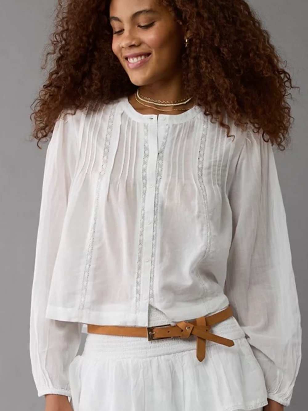 American Eagle Pintuck Cropped Long Sleeved Cotton Blend Blouse XS